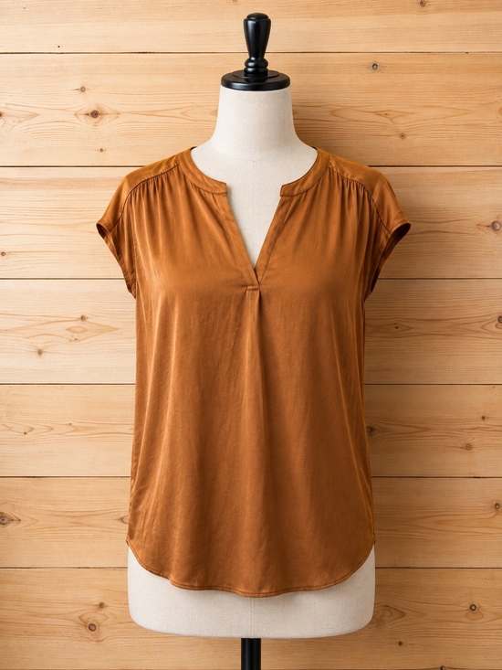 Tahari Tops - Tahari Burnt Orange Cap-Sleeve Split-Neck Blouse